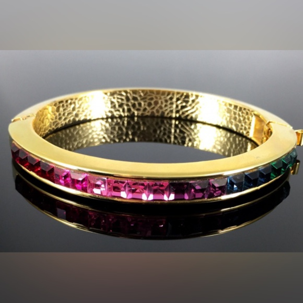 Vintage channel set Rainbow Princess Cut Crystal Bangle Goldtone Bracelet ombre